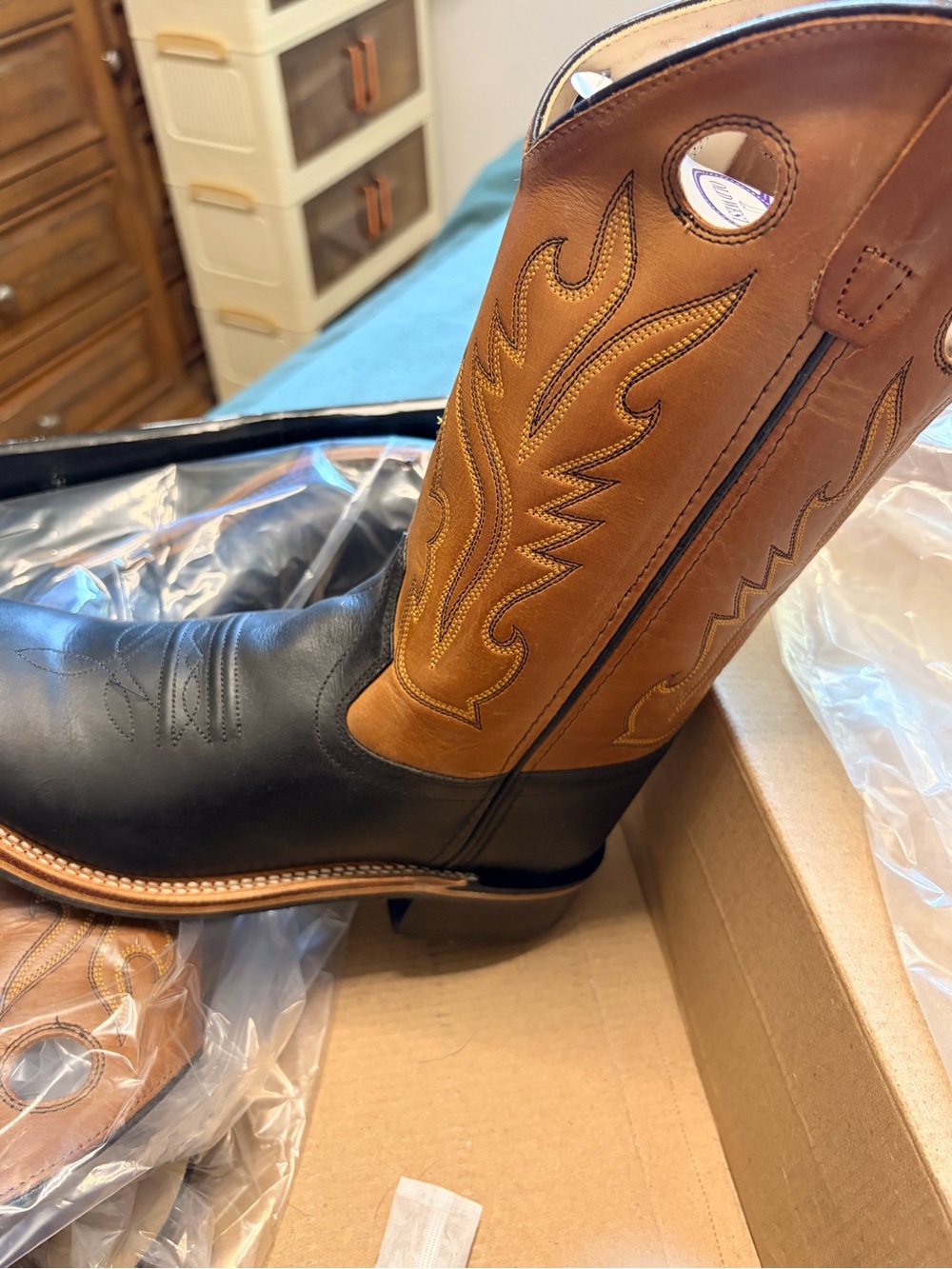Old West Black Foot with Tan Shaft Western Boots